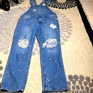 Forever 21 Men Extreme Distressed Blue Jeans Overalls paint platter Size 34
